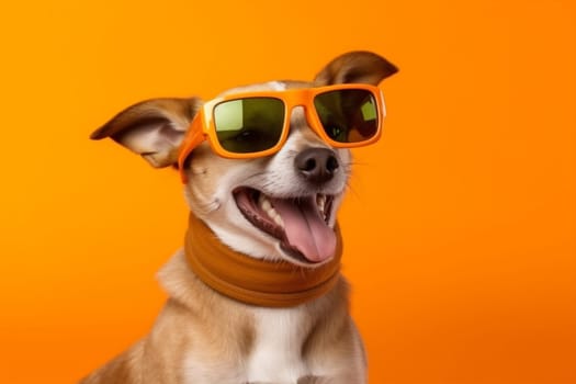 funny dog breed smile background sunglasses stylish animal adorable yellow white portrait trendy pet cute fun young friend orange isolated student. Generative AI.