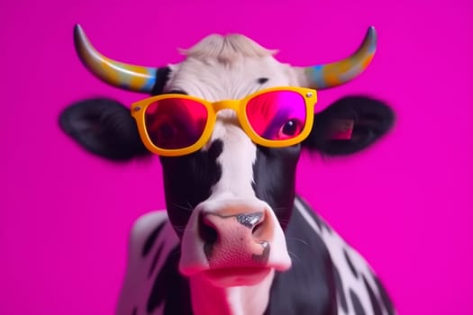 animal portrait retro expression cute head art trendy happy fashion face nature blue design colourful funny character sunglasses wearing cow. Generative AI.