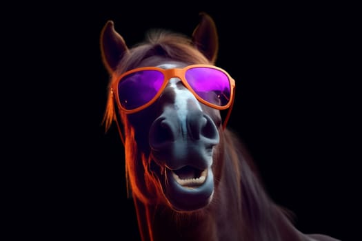banner wildlife pink portrait goggles funny eye concept colours background colourful blue horse mammal sunglasses fun smile advert isolated animal dark. Generative AI.