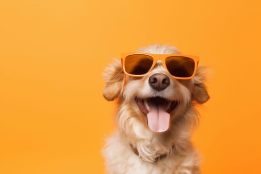 dog yellow portrait blue young adorable funny animal white fun goggles sunglasses smile isolated background pet breed cute pink summer indoor. Generative AI.