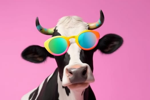 animal cartoon milk head ai amusing character trendy face farm isolated colourful cute looking portrait funny cow sunglasses pink wearing. Generative AI.