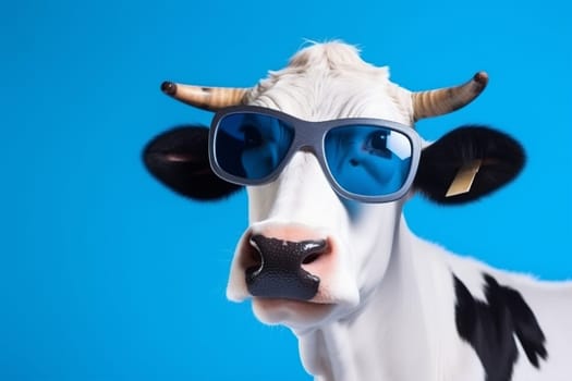 cute horn blue sunglasses fun style trendy face eyeglass head character space mammal portrait background animal copy illustration cow milk bull funny. Generative AI.