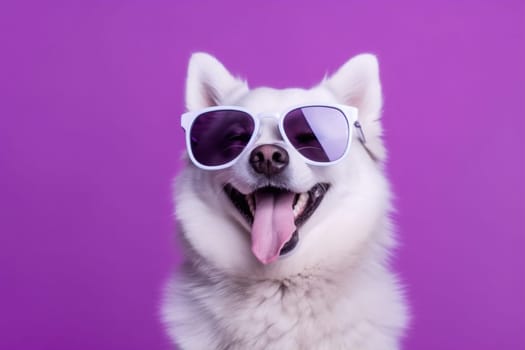 dog summer birthday portrait fashion cute smile party sunglasses funny happy cool adorable isolated beautiful small pet orange animal background indoor space copy. Generative AI.