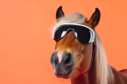 sunglasses mane horse humor comic wildlife nature eye fun model funny goggles portrait background pink animal advert dark colourful character smile. Generative AI.