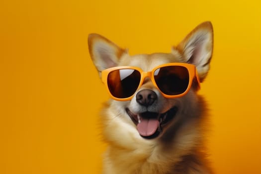 brown dog summer background red indoor happy purebred domestic canine orange fun funny pet smile isolated portrait doggy sunglasses cute animal. Generative AI.