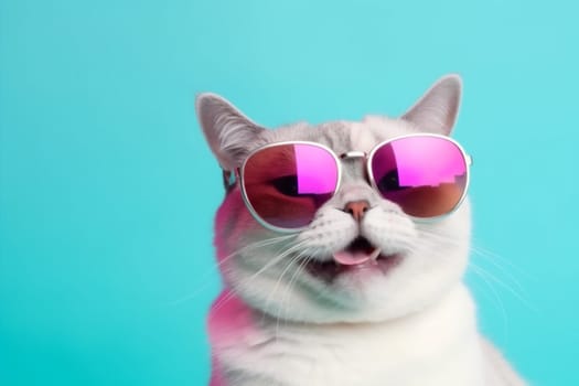 neon fashion blue funny adorable animal cat fur colourful pink portrait isolated creative eyeglass sunglasses style cute look beautiful pet. Generative AI.