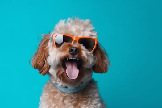 dog portrait smile cute adorable background glasses canine funny copy trendy space puppy sunglasses isolated red pet pink animal concept fashion humor. Generative AI.