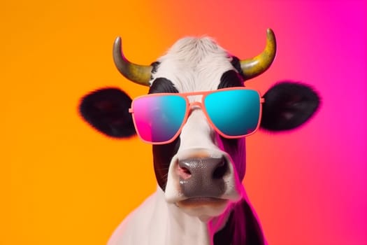 trendy cute sunglasses head funny background ai colourful happy eyeglass bull comical pink cow portrait expression character face yellow animal. Generative AI.