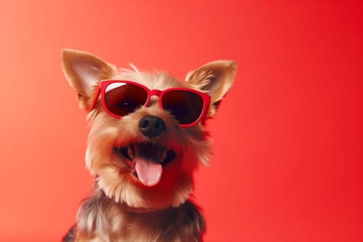 dog background goggles isolated pet sunglasses blue space smile copy fun indoor animal cool yellow white portrait cute stylish canine beautiful funny. Generative AI.