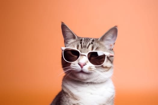 sunglasses looking trendy violet pink funny lovely neon pet fashion colourful eye cat background animal eyeglass portrait look summer cute. Generative AI.