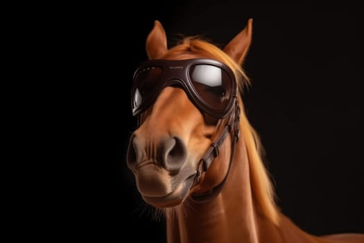 horse wildlife smile head cartoon studio face model fun colourful animal funny goggles mammal portrait eye green looking blue background sunglasses. Generative AI.