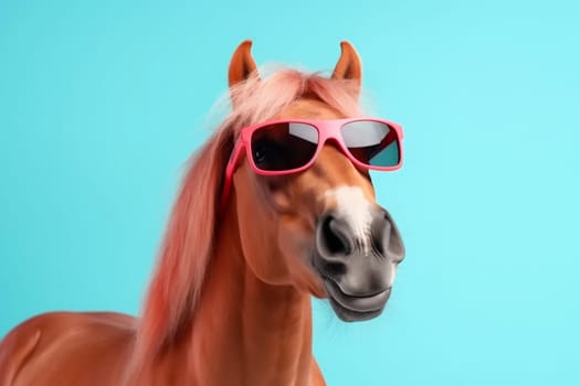 funny colourful animal ai comic banner smile horse portrait beauty green nature fashion cartoon goggles studio sunglasses blue yellow background fun. Generative AI.