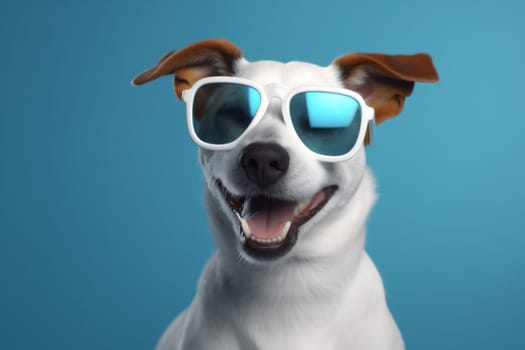 dog glasses isolated animal portrait white small background puppy blue funny adorable sunglasses cute brown cool yellow smile happy copy space pet. Generative AI.