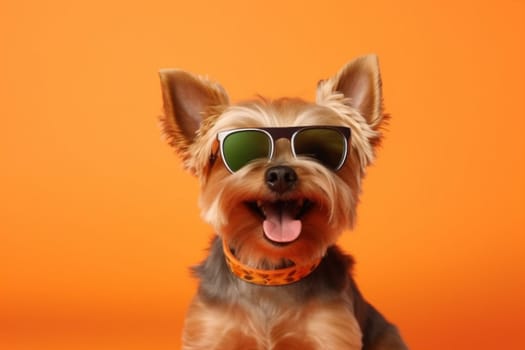funny dog sunglasses isolated yellow animal pet happy brown puppy portrait fashion trendy smile fun background cool humor red young cute. Generative AI.