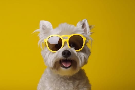 dog portrait brown yellow funny sunglasses cute fun background stylish orange cool glasses isolated adorable animal pet trendy copy goggles smile space. Generative AI.