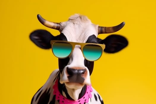 portrait expression cow cute background retro sunglasses character animal head funny colourful face white beauty isolated art looking bull fun. Generative AI.
