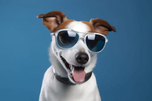 portrait dog cute concept indoor background animal smile sunglasses pet funny stylish domestic beautiful party fun humor happy birthday puppy isolated fashion. Generative AI.