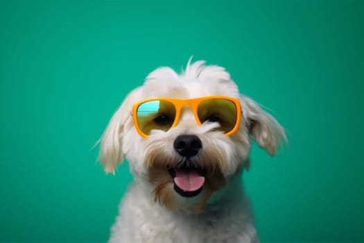 dog sunglasses red background canine cute smile pink glasses stylish doggy puppy isolated pet funny adorable small young portrait humor animal. Generative AI.