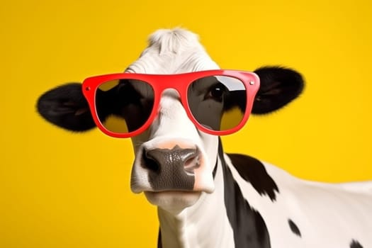 pink expression fun character sunglasses bull portrait animal white yellow face head farm looking funny cow goggles colourful cute beauty. Generative AI.