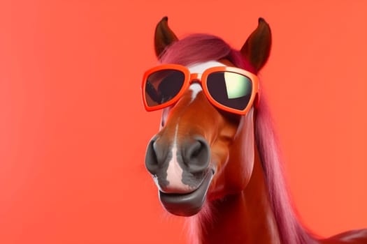 funny horse sunglasses smile mane beauty character fun portrait humor looking cartoon goggles animal isolated studio background colours art blue colourful. Generative AI.