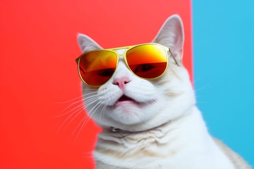 style accessory sunglasses glass portrait eye trendy neon party kitten animal funny fashion eyeglass cat colourful pet cute expression background. Generative AI.