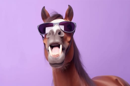 animal portrait fun goggles horse wild colourful wildlife smile background concept isolated dark beauty pink sunglasses art ai green banner funny. Generative AI.