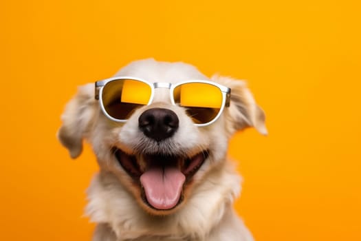 dog domestic brown isolated stylish animal student pet smile portrait adorable beautiful funny concept background pink sunglasses white breed orange cute. Generative AI.