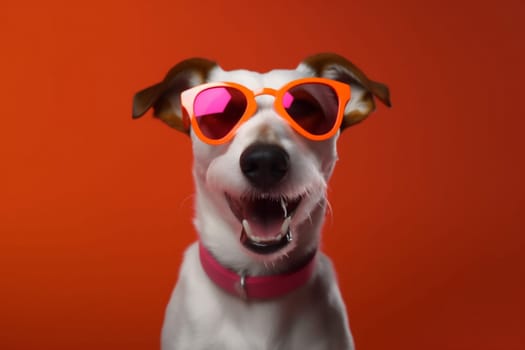 dog white animal smile pink breed stylish indoor sunglasses concept funny adorable isolated young humor blue cute pet happy background portrait. Generative AI.