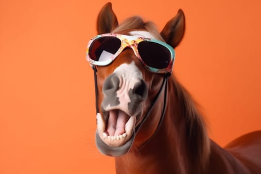 background horse model funny head sunglasses concept blue portrait yellow smile advert studio animal fashion fun wildlife dark goggles colourful banner. Generative AI.