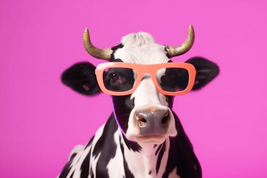 portrait expression cartoon head cute humor wearing funny character fun art retro animal face fashion colourful cool cow nature sunglasses. Generative AI.