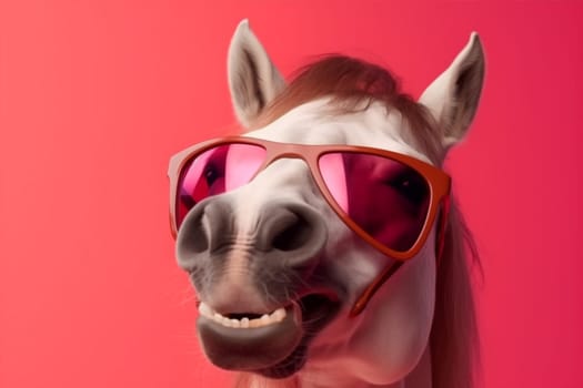 eye concept colourful mane fun head isolated smile blue sunglasses funny background horse character goggles banner field portrait wildlife animal studio. Generative AI.