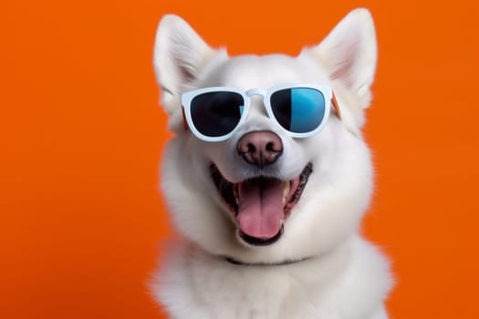 dog stylish pet copy funny purebred concept indoor background animal orange space pink sunglasses doggy isolated puppy portrait young blue cute smile. Generative AI.