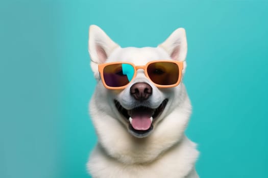 dog cute birthday portrait friend domestic funny humor orange trendy party studio background animal sunglasses white pet breed blue smile canine isolated. Generative AI.