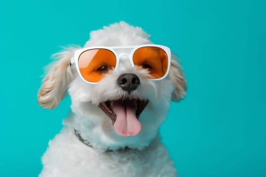 dog canine small young background trendy glasses isolated beautiful indoor smile student sunglasses blue animal cute pet domestic purebred portrait funny. Generative AI.