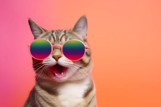 neon cute fashion fun animal goggles sunglasses portrait pink summer pet cool lovely kitten cat lens funny colourful nature style. Generative AI.