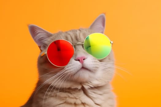 cat violet style cute blue summer pet kitten mammal animal look funny portrait fashion neon sunglasses colourful yellow fur lovely. Generative AI.