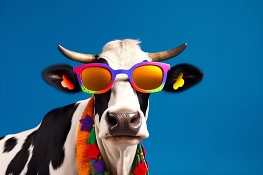 character humor pink head nature cow blue funny portrait cute face amusing orange isolated looking art fashion colourful sunglasses animal. Generative AI.