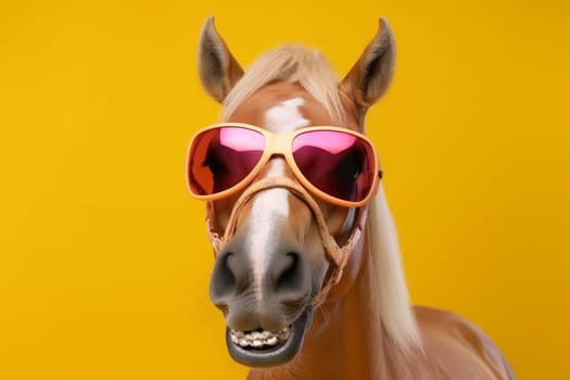 head looking smile funny fashion goggles dark cute colourful sunglasses wildlife wild model horse animal background portrait advert mammal character fun. Generative AI.