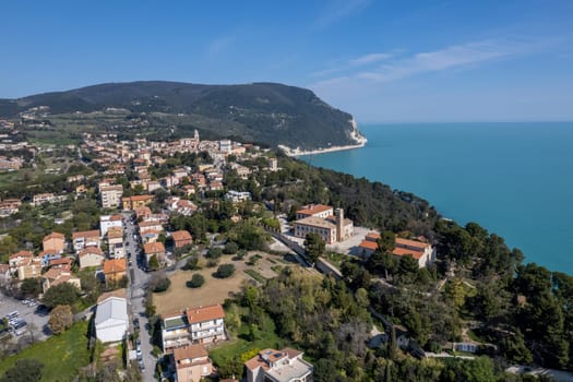 Aerial drone view of Sirolo and Numana town , Conero Mount, Adriatic Sea beach in Le Marche region, Italy , Europa