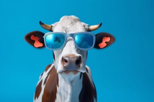 blue studio eyeglass blue space goggles trendy sunglasses portrait cow copy milk background animal face head fashion art background funny smiling character. Generative AI.