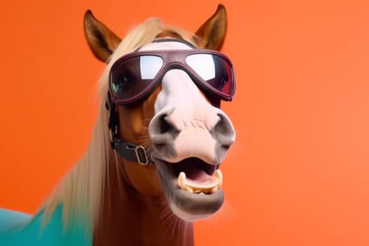 funny colourful smile mammal portrait pastel animal horse background field colours goggles sunglasses humor fun mane pink model wild green cute. Generative AI.