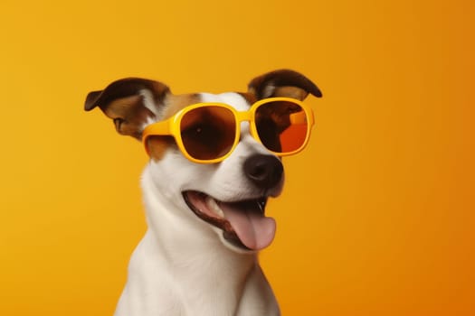 funny dog small pet copy space indoor background animal domestic pink portrait isolated friend sunglasses fashion breed smile orange goggles cute happy. Generative AI.
