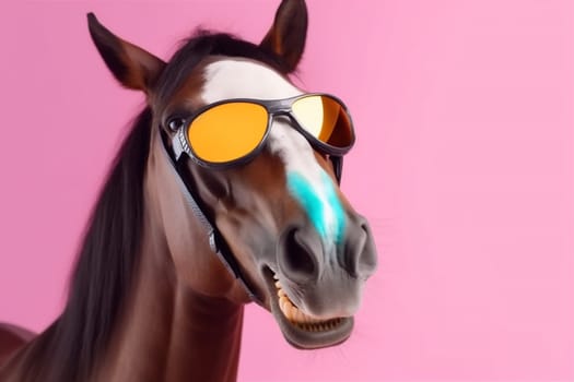 goggles yellow pink concept studio looking portrait wildlife mane cartoon smile horse colourful face sunglasses animal funny fun cute background pastel. Generative AI.