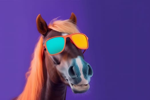portrait illustration wild character mane background fun smile yellow pink ai funny horse looking colourful banner sunglasses model goggles animal colours. Generative AI.