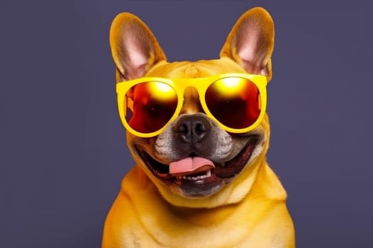dog pink indoor isolated young humor cute portrait background smile domestic summer puppy small pet blue sunglasses funny animal purebred concept. Generative AI.