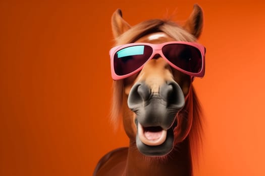 mammal mane concept portrait cartoon fun sunglasses character green yellow colourful field background horse smile funny wildlife animal pink goggles blue. Generative AI.