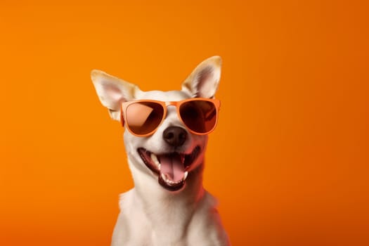 doggy dog isolated blue background domestic cute glasses small fashion smile sunglasses trendy pet portrait purebred studio indoor student animal funny. Generative AI.