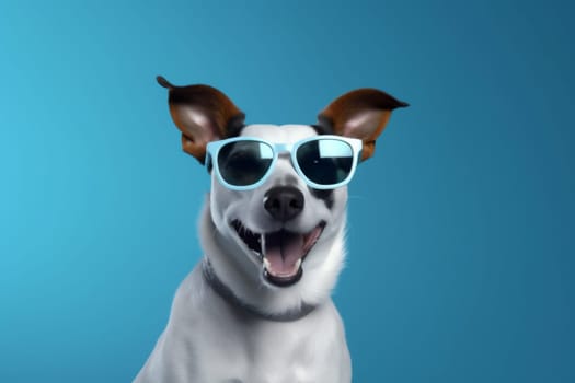 background dog stylish pet puppy canine animal sunglasses student funny smile goggles concept space copy party friend cute fun fashion birthday portrait isolated. Generative AI.