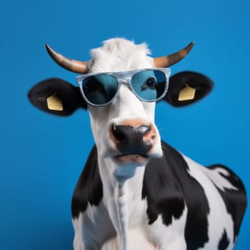 copy sunglasses background humor style portrait character smiling cow head ai face space funny animal blue dairy concept mammal crazy beautiful eyeglass. Generative AI.
