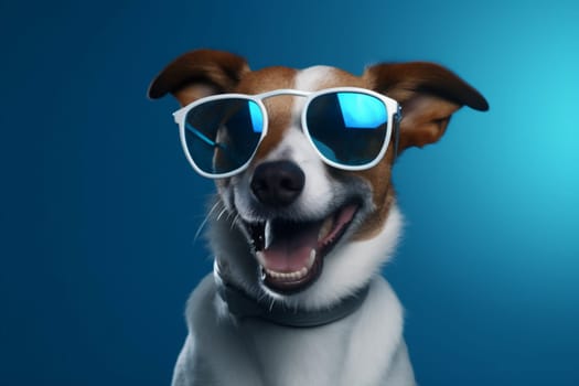 happy dog background smile cute concept puppy adorable isolated orange cool doggy funny portrait pink copy pet beautiful animal domestic sunglasses space. Generative AI.